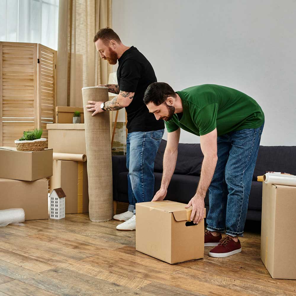Two men unpack boxes