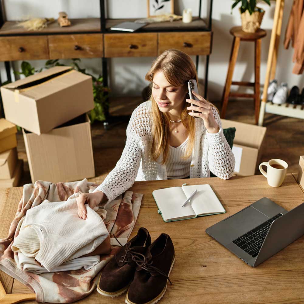 A woman organizing items